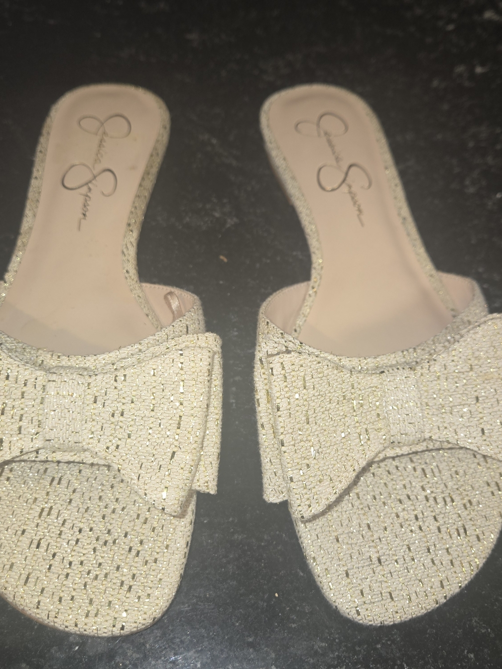 Jessica Simpson Cream Glitter Bow Slide Mules